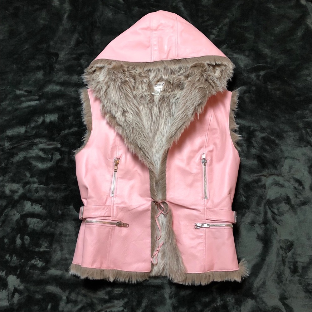 TOGETHER Pink Leather Faux Fur Hooded Vest